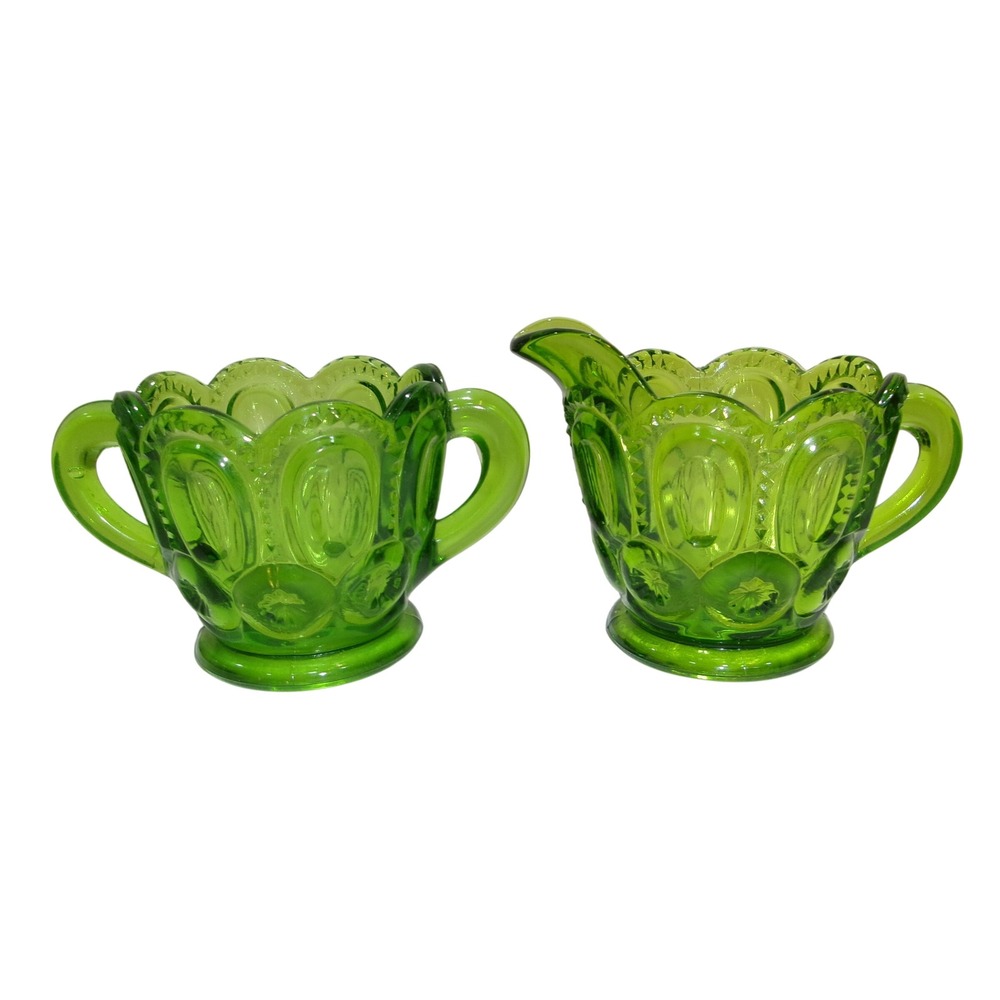 LE Smith Moon and Star Green Glass Creamer and Sugar Bowl Set Vintage MCM